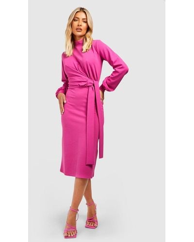 Boohoo Volume Sleeve Tie Waist Midi Dress - Pink
