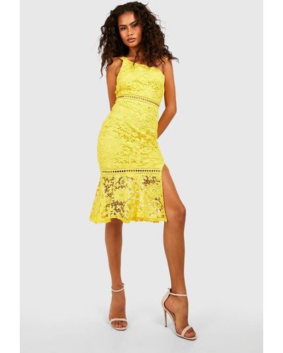 Boohoo Lace One Shoulder Frill Hem Midi Dress - Yellow
