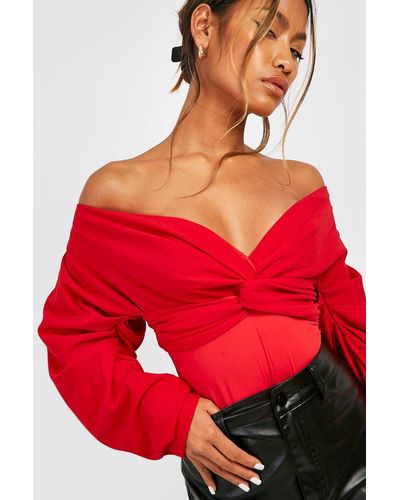 Boohoo Off The Shoulder Twist Detail One Piece - Red