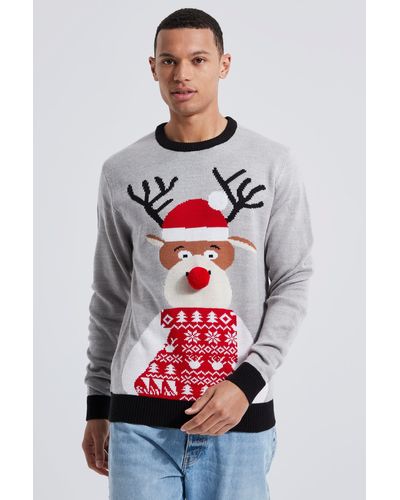 Boohoo Tall Reindeer Santa Hat Christmas Sweater - Gray