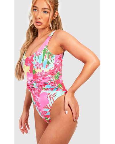 Boohoo Tropical Tummy Control O-ring Scoop Swimsuit - Red