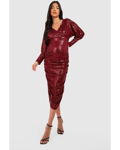 Boohoo Maternity Sequin Batwing Ruched Midi Dress - Red