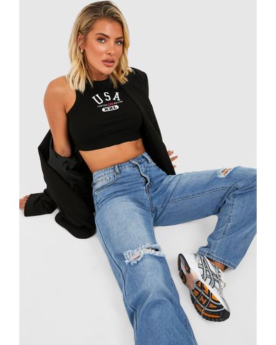 Boohoo Basics Low Rise 5 Pocket Ripped Straight Jeans - Blue