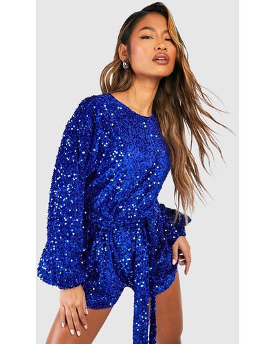 Boohoo Sequin Extreme Sleeve Belted Playsuit - Blue
