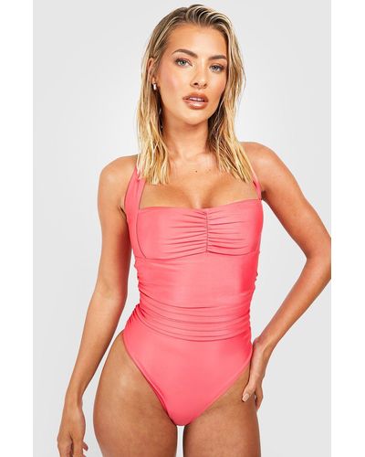 Boohoo Tummy Control Halter Ruched Bathing Suit - Pink