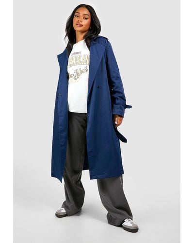 Boohoo Fitted Cuff Detail Belted Trench Coat - Blue
