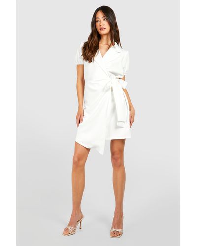 Boohoo Tall Woven Short Sleeve Wrap Blazer Dress - White