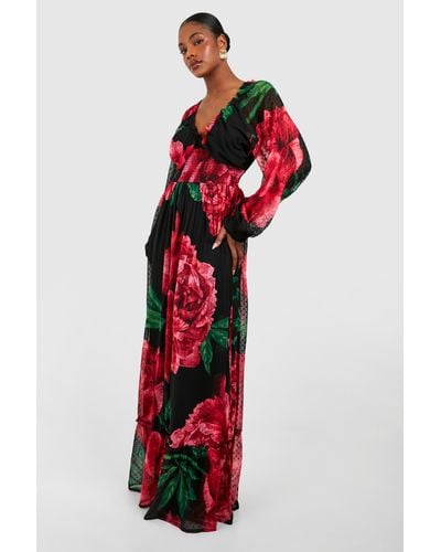 Boohoo Tall Floral Print Dobby Shirred Maxi Dress