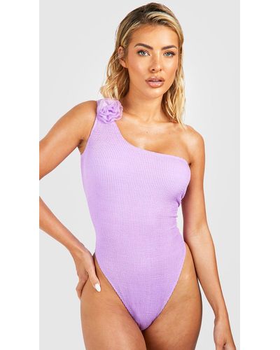 Boohoo Rose Corsage Crinkle One Shoulder Bathing Suit - Purple