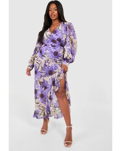 Boohoo Plus Floral Ruffle Wrap Maxi Dress - Purple
