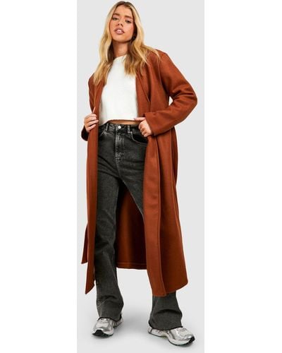 Boohoo Collarless Wool Look Belted Coat - Brown