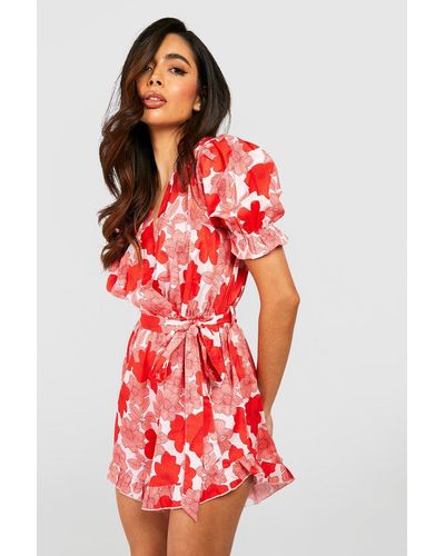 Boohoo Floral Wrap Ruffle Short Romper - Red