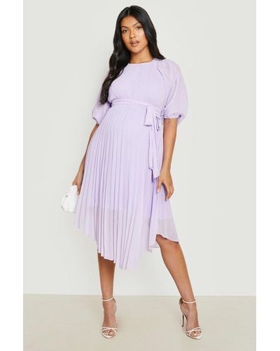 Boohoo Maternity Tie Waist Pleated Puff Sleeve Midi Dress - Purple