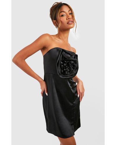 Boohoo 3d Rose Detail Bandeau Satin Mini Dress - Black