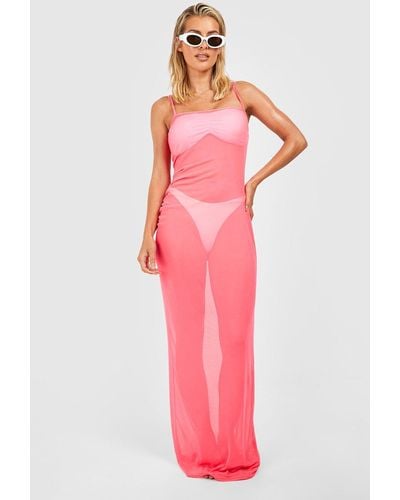 Boohoo Mesh Strappy Beach Maxi Dress - Pink