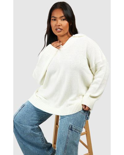Boohoo Plus Collared Oversized Sweater - White