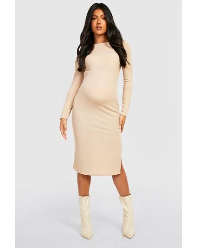Boohoo Maternity Long Sleeve Split Midi Dress - Natural