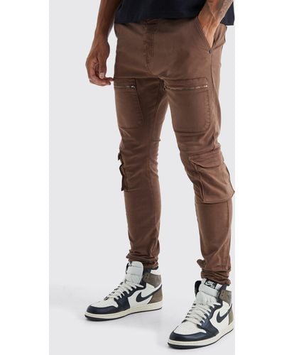 Boohoo Tall Fixed Waist Skinny Multi Zip Cargo Trouser - Brown