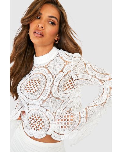 Boohoo Turtle Neck Crochet Lace Crop Top - White