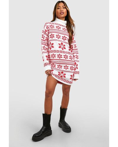 Boohoo Roll Neck Snowflake And Fairisle Christmas Sweater Dress - Red