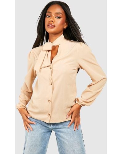 Boohoo Pussybow Button Through Volume Sleeve Blouse - Natural
