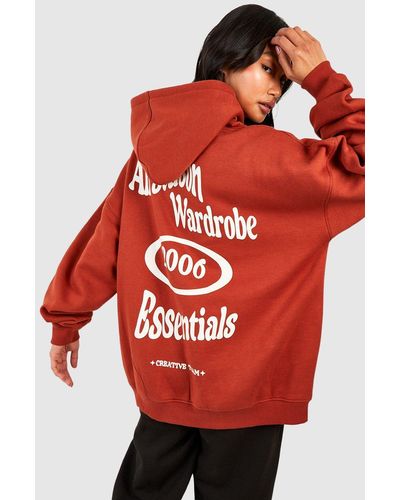 Boohoo Sudadera Oversize Con Capucha Y Estampado Wardrobe Essentials En La Espalda - Rojo