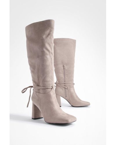 Boohoo Wide Fit Block Heel Bow Detail Knee High Boots - Natural