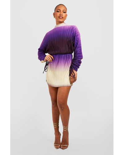 Boohoo Ombre Plisse Ruched Sleeve Dress - Purple