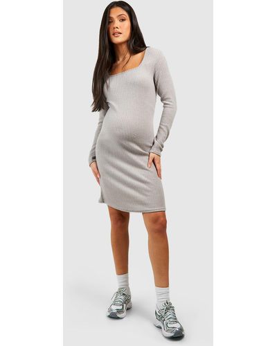 Boohoo Maternity Soft Rib Knitted Square Neck Dress - Gray