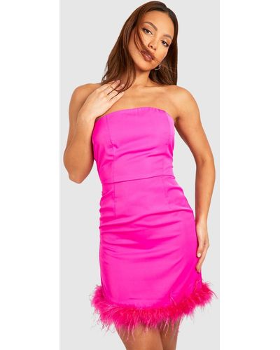 Boohoo Tall Bandeau Fluffy Feather Trim Mni Dress - Pink