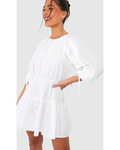 Boohoo Petite Puff Sleeve Poplin Midaxi Dress - White