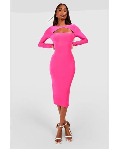 Boohoo Premium Heavy Weight Slinky Cut Out Long Sleeve Midi Dress - Pink