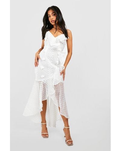Boohoo Petite Premium Texture Ruffle Wrap Maxi Dress - White