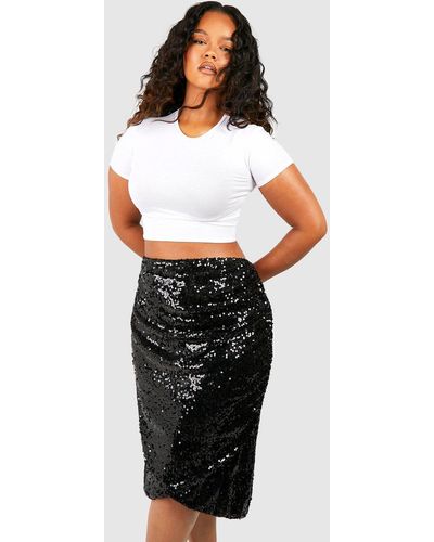 Boohoo Plus Sequin Wrap Drape Midi Skirt - Black