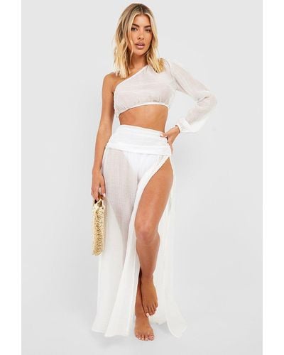 Boohoo Sheer Texture One Shoulder Top & Skirt Beach Co-ord - White