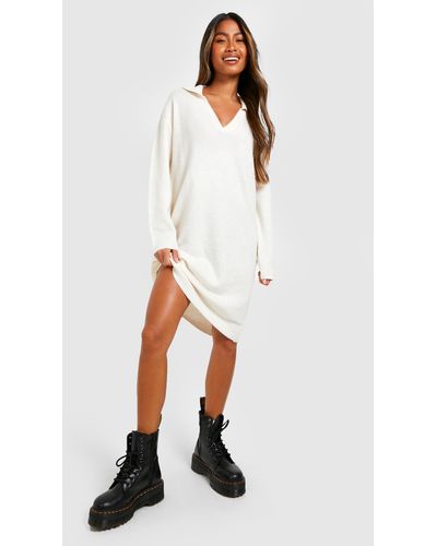 Boohoo Soft Knit Collared Sweater Dress - White