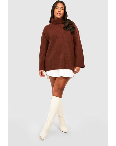 Boohoo Plus Chunky Knit Roll Neck 2 In 1 Shirt Dress - Brown