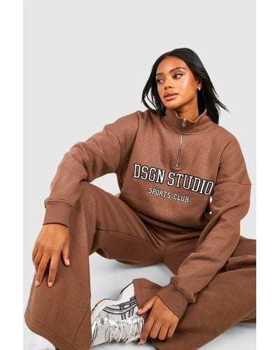 Boohoo Dsgn Studio Applique Oversized Half Zip Sweatshirt - Brown