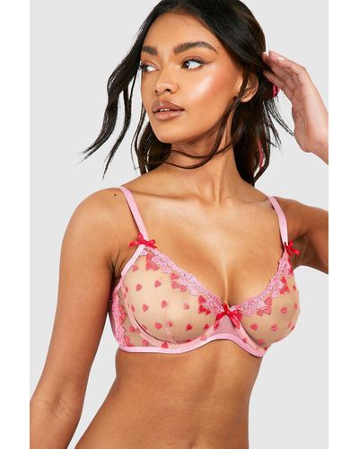 Boohoo Ditsy Heart Mesh Fuller Bust Underwire Bra - Red