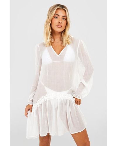 Boohoo Sheer Texture Ruffle Beach Cover-up Dress - White