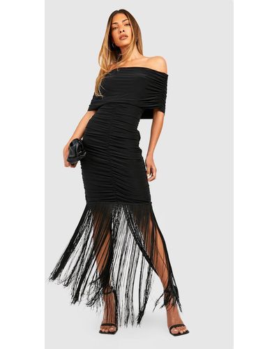 Boohoo Double Slinky Rouched Tassel Bardot Mini Dress - Black
