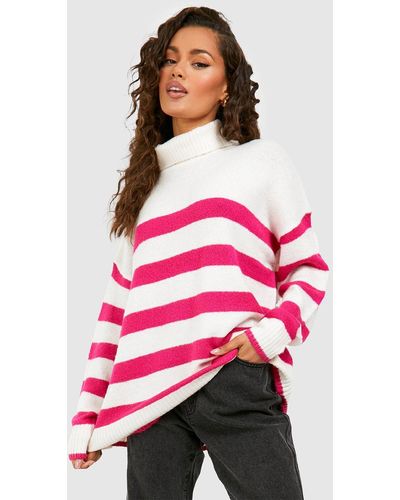 Boohoo Bright Roll Neck Stripe Sweater - Red