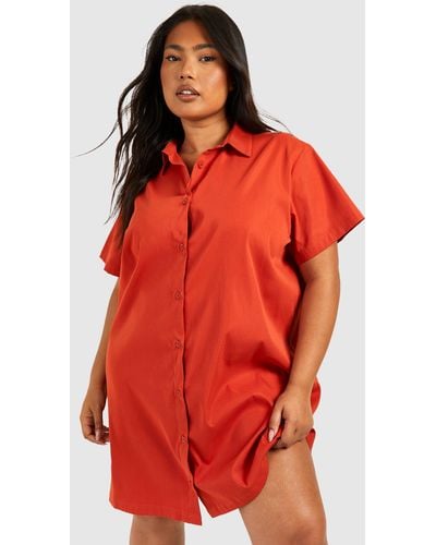 Boohoo Plus Poplin Short Sleeve Oversized Shirt Dress - Red