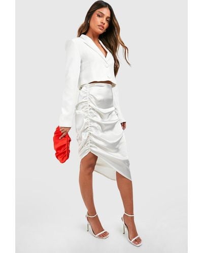 Boohoo Ruched Side Asymmetric Satin Midi Skirt - White