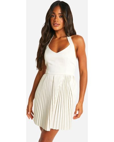 Boohoo Pleated Skirt Halterneck Mini Dress - White