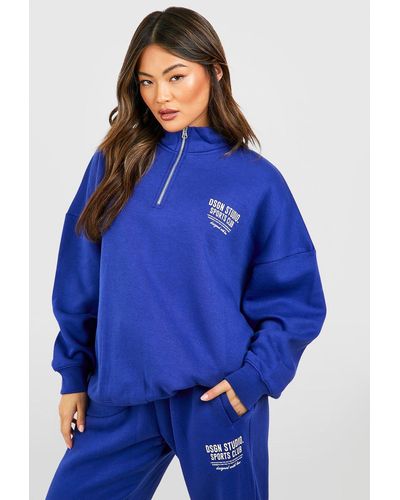 Boohoo Sports Club Slogan Oversized Half Zip Sweatshirt - Blue