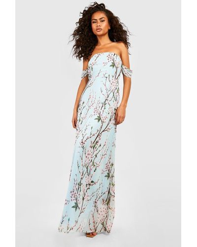 Boohoo Floral Off The Shoulder Maxi Dress - White