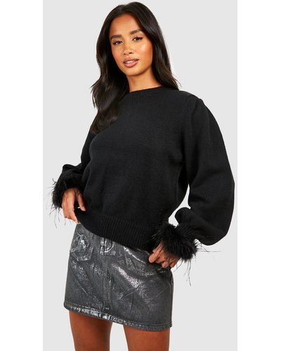 Boohoo Petite Feather Cuff Sweater - Black