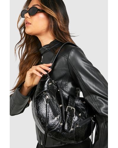 Boohoo Western Style Buckle Shoulder Bag - Negro