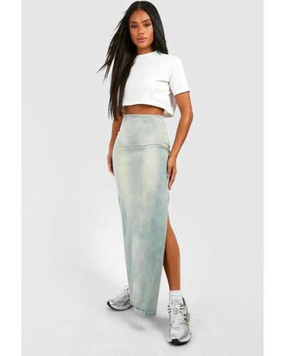 Boohoo Vintage Wash Stretch Denim Side Split Maxi Skirt - White